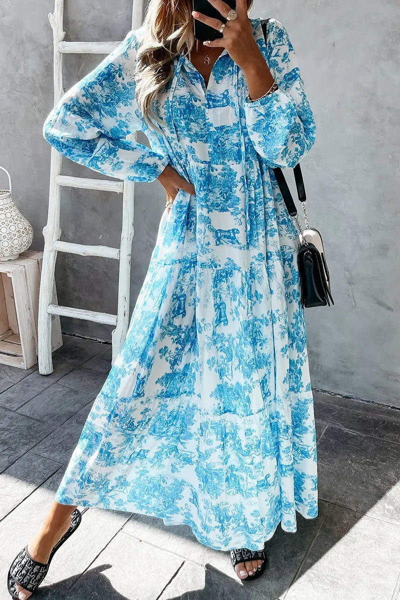 Floral V Neck Long Sleeve Maxi Dress - Fashionpara