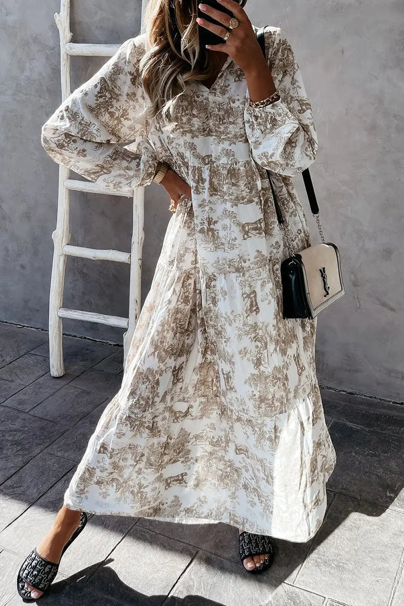 Floral V Neck Long Sleeve Maxi Dress - Fashionpara