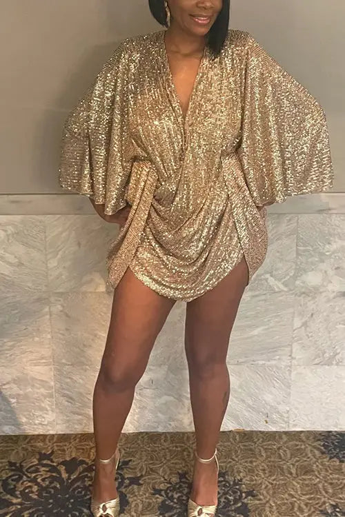 V Neck Sequins Backless Bat Ruched Mini Dress - Fashionpara