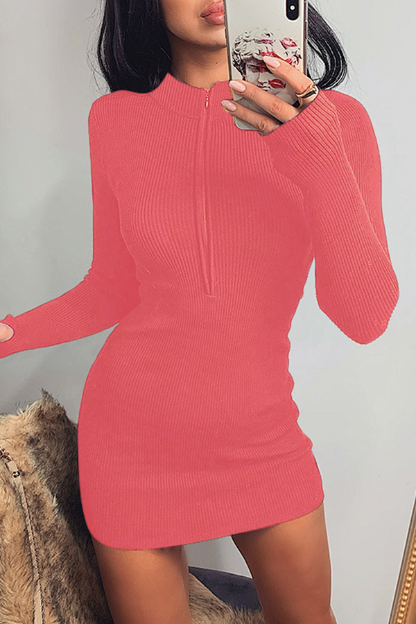 Fashion Street Solid Split Joint Zipper Collar Pencil Skirt Dresses（10 colors） - Fashionpara