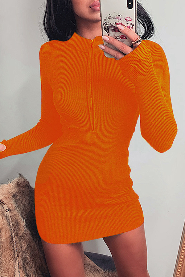 Fashion Street Solid Split Joint Zipper Collar Pencil Skirt Dresses（10 colors） - Fashionpara