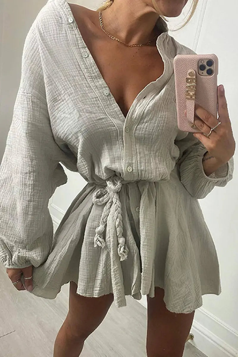 Button O Neck Long Sleeve Shirt Mini Dress - Fashionpara