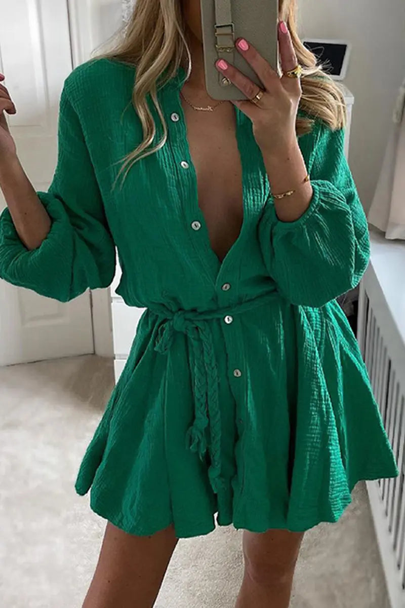 Button O Neck Long Sleeve Shirt Mini Dress - Fashionpara