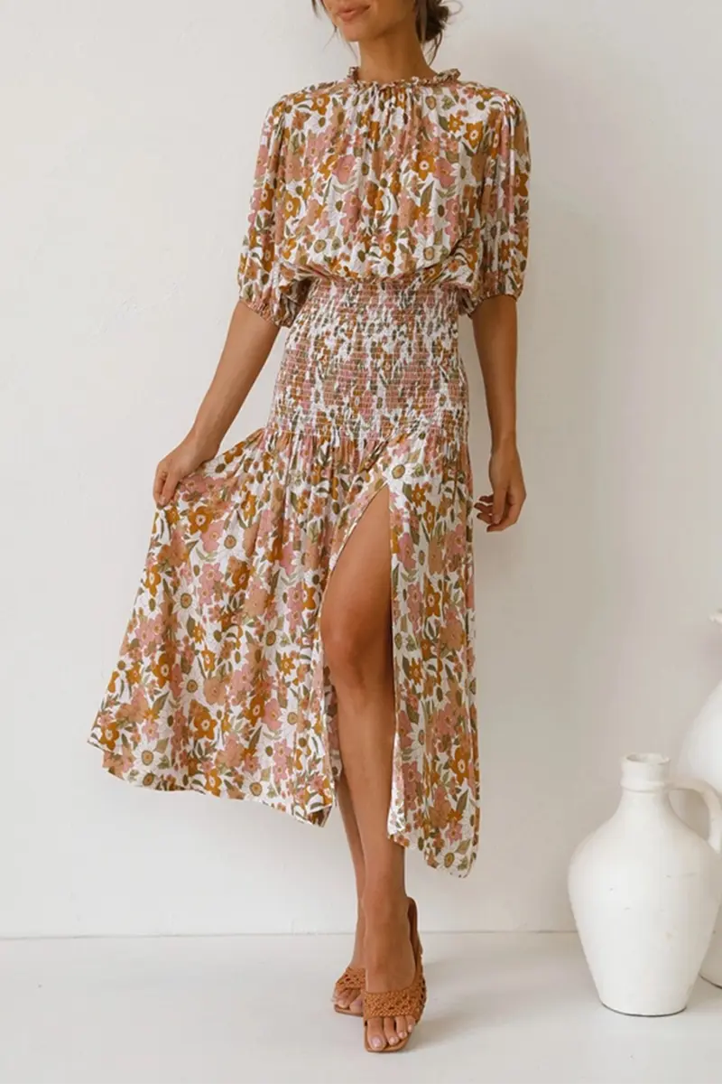 Floral Shirred Waist Slit Midi Dress - Fashionpara