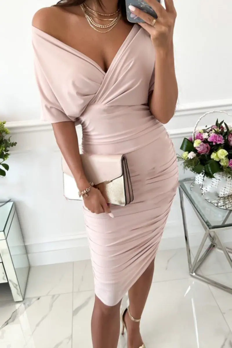 Bat Sleeve V Neck Ruched Midi Dress - Fashionpara