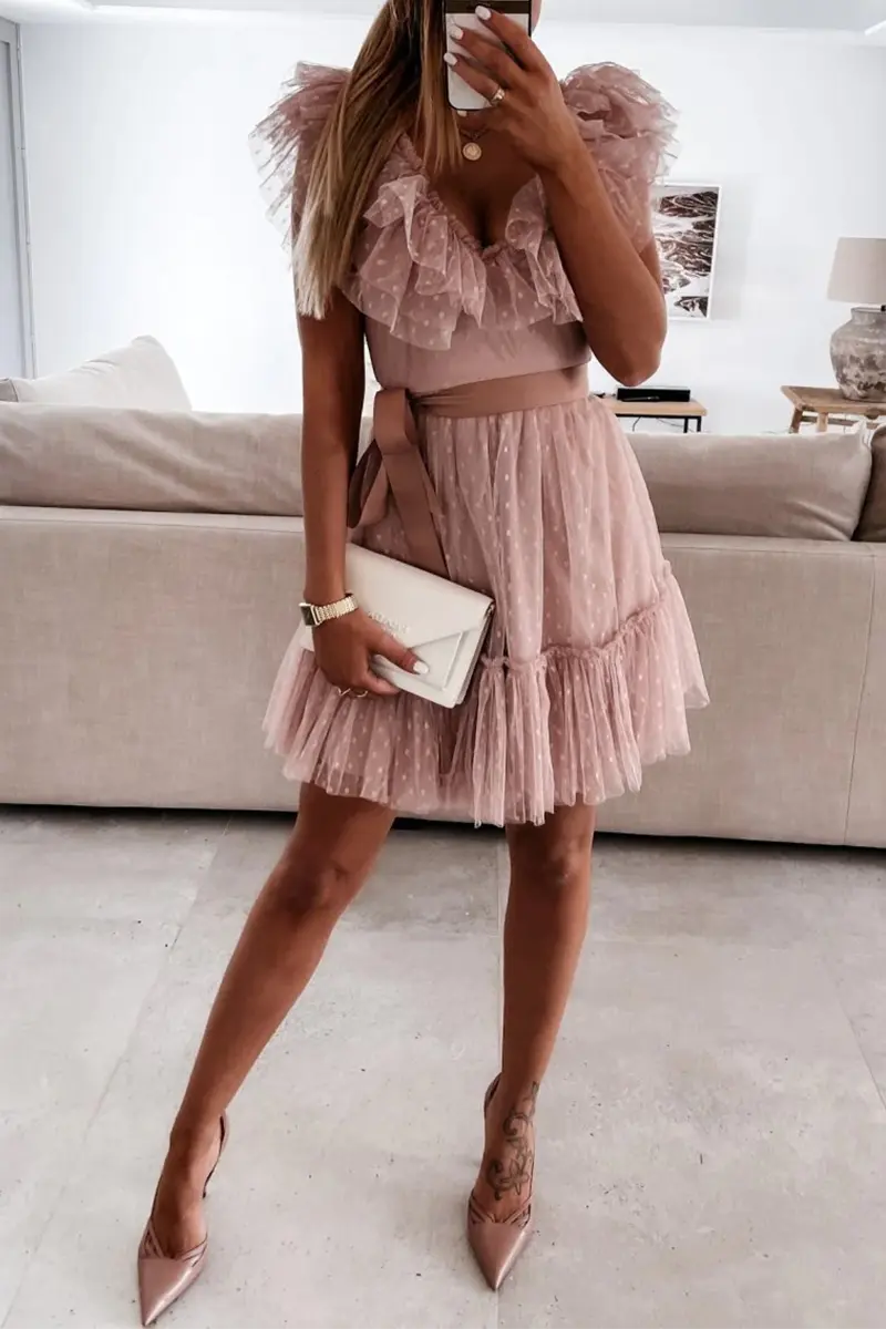 Dot Mesh V Neck Cake Skirt Dresses - Fashionpara