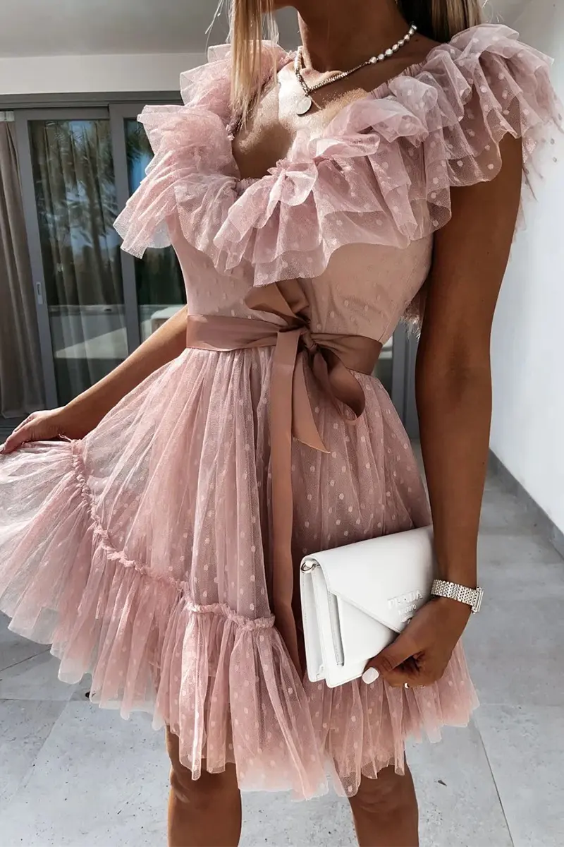 Dot Mesh V Neck Cake Skirt Dresses - Fashionpara