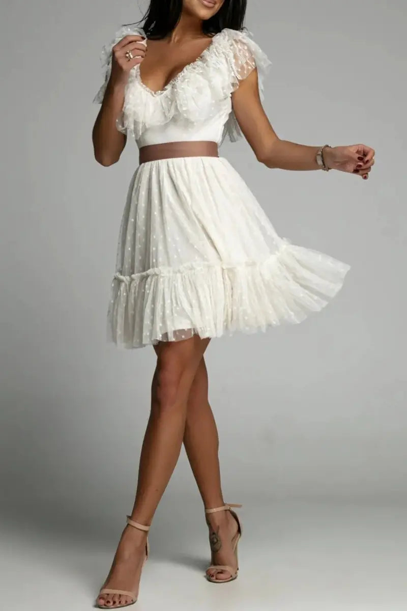 Dot Mesh V Neck Cake Skirt Dresses - Fashionpara