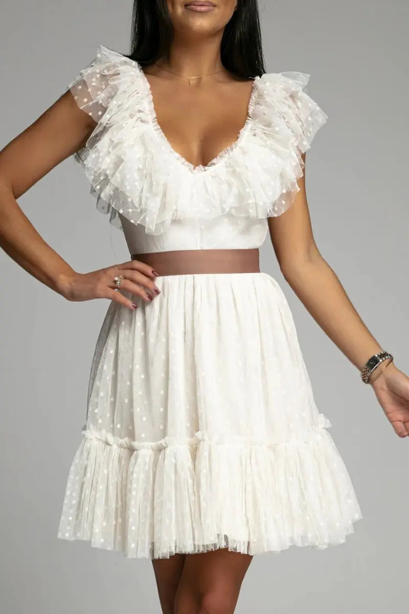 Dot Mesh V Neck Cake Skirt Dresses - Fashionpara