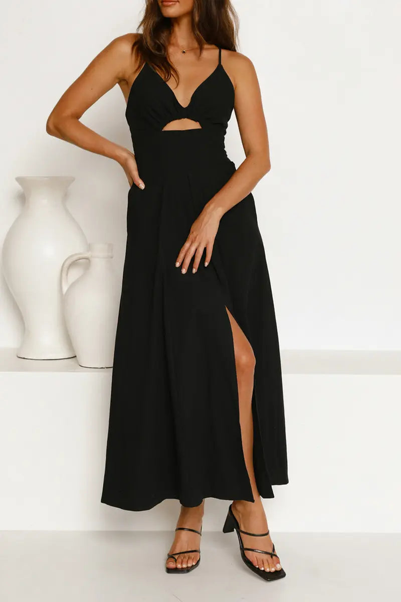 Cut Out Backless V Neck Maxi Dress - Fashionpara