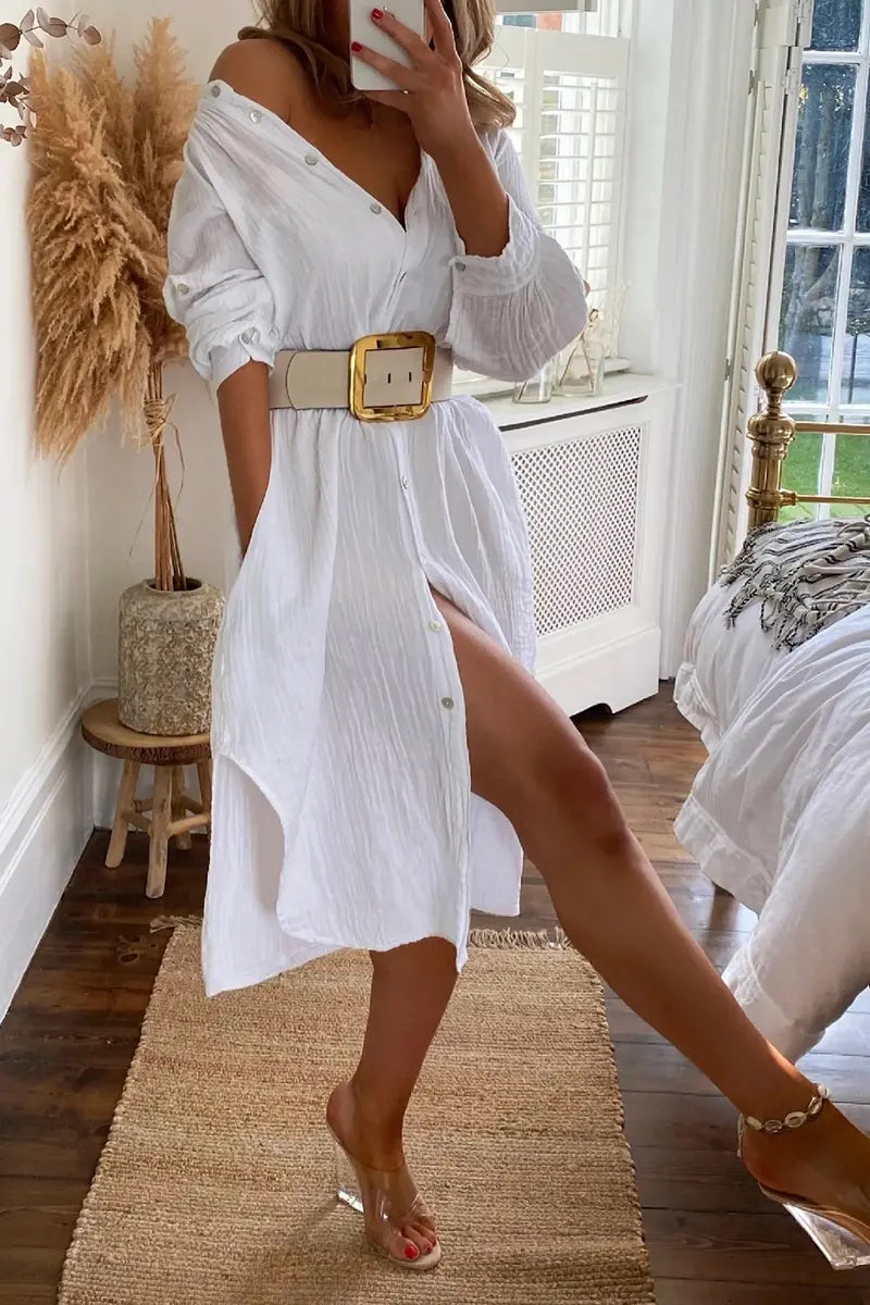 Belted Long Sleeve Maxi Shirtdress - Fashionpara