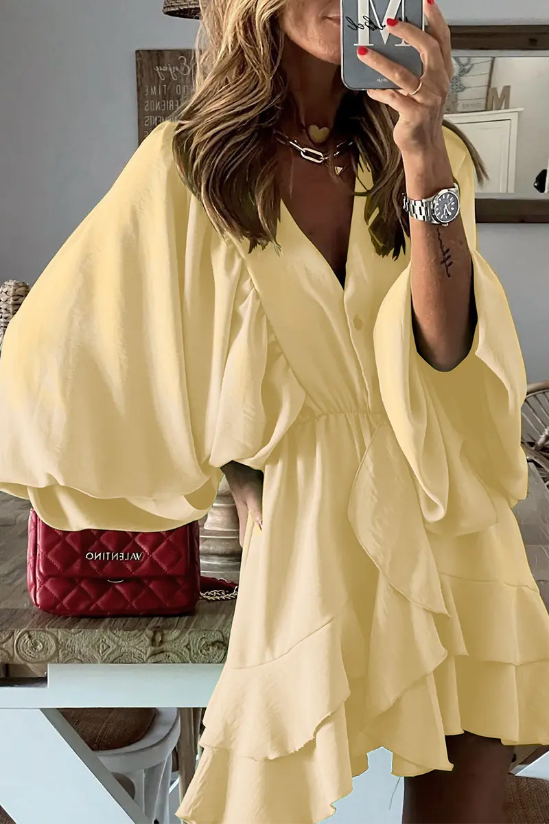 Ruffle Bat Sleeve V Neck Button Mini Dress - Fashionpara