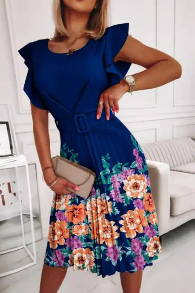 Ruffles O Neck Pleated Midi Dress - Fashionpara