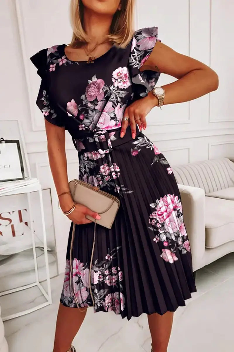 Ruffles O Neck Pleated Midi Dress - Fashionpara