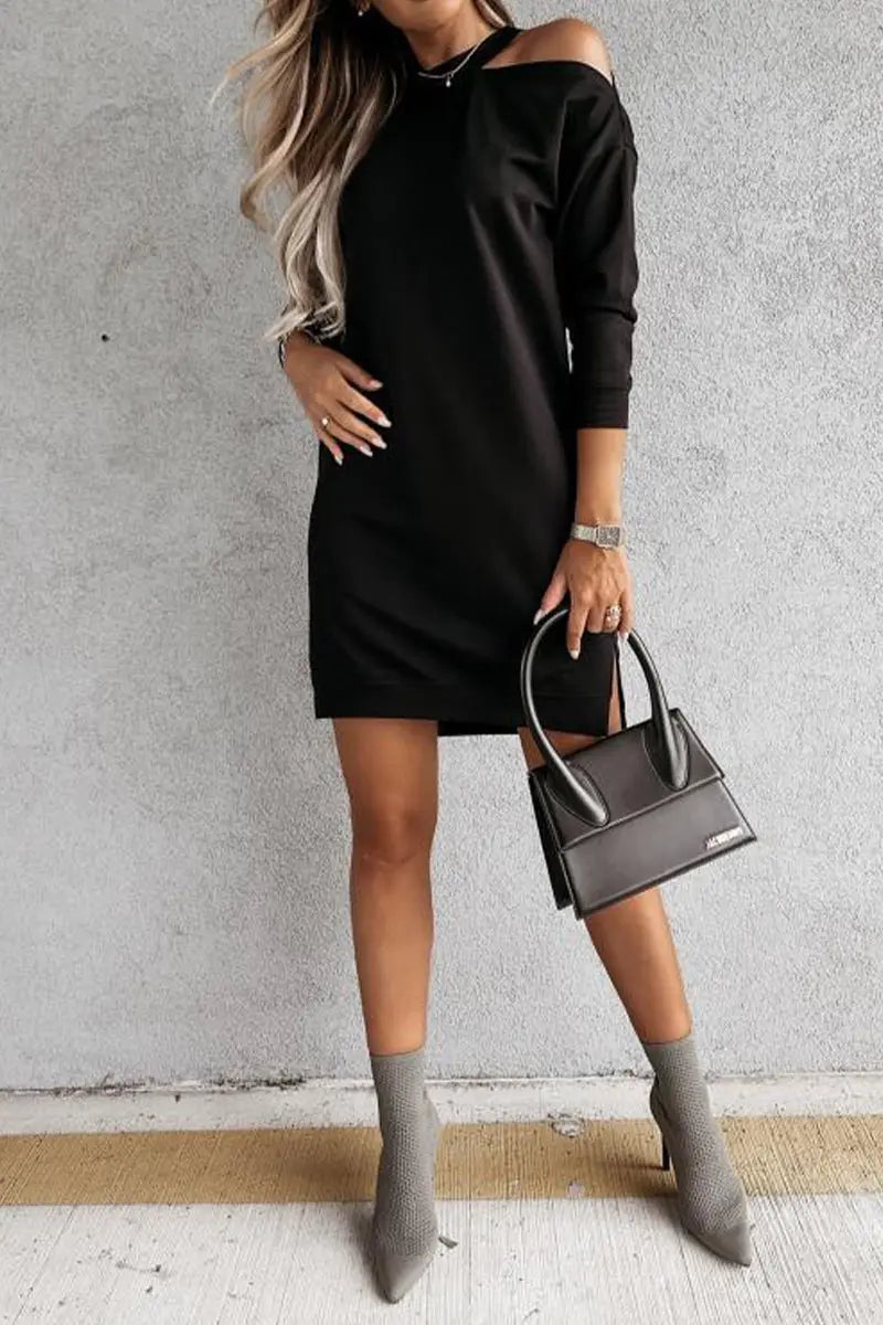 Cut Out Shoulder Loose T Shirt Dress - Fashionpara