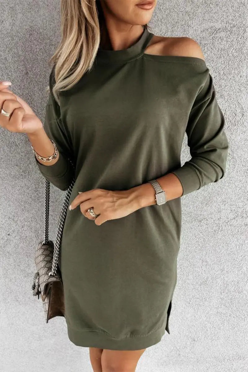 Cut Out Shoulder Loose T Shirt Dress - Fashionpara