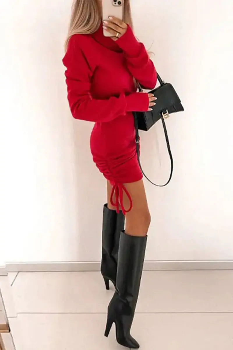 Turtleneck Drawstring Bodycon Dress - Fashionpara