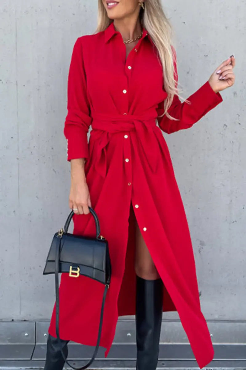 Single Breasted Tie Waist Midi Shirt Dress - Fashionpara