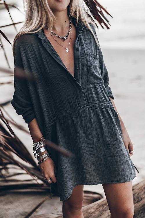 Button Pockets Drawstring Waist Dress - Fashionpara