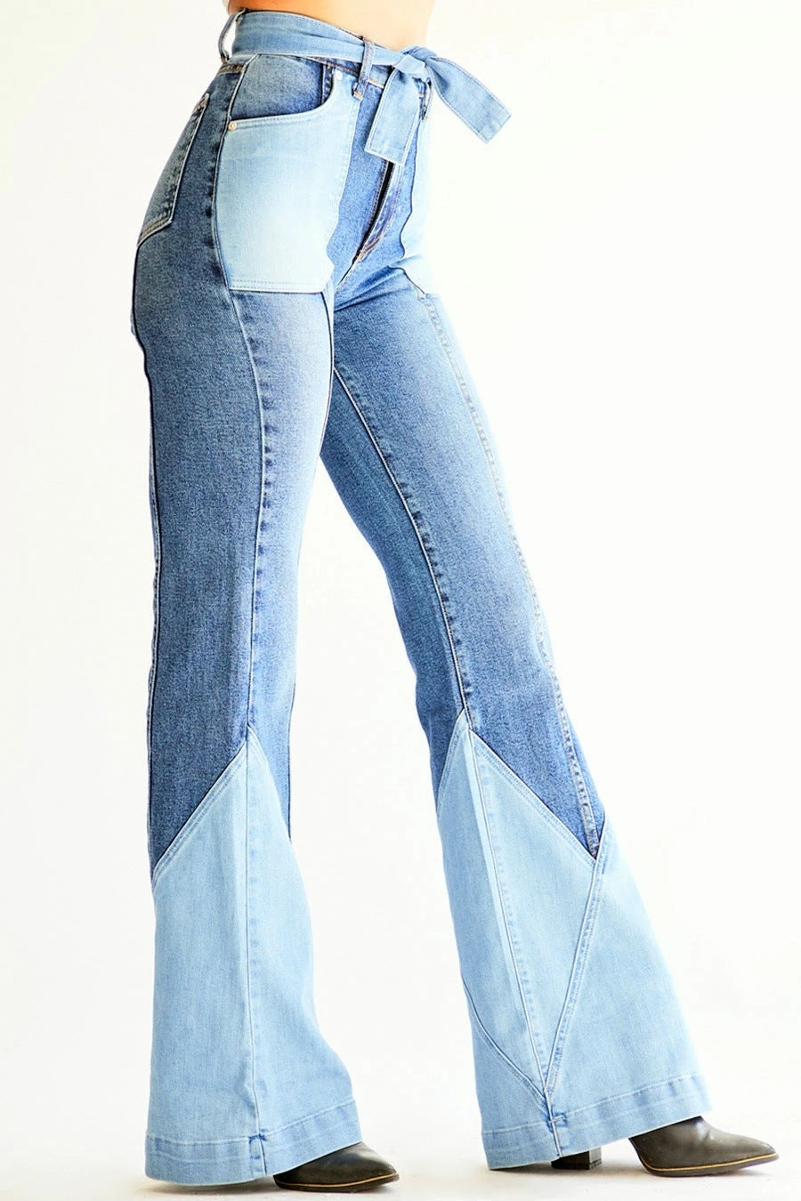70S Color Block Belted Bell Jeans - Fashiondia