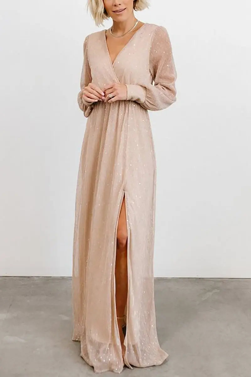 Sparkle Puff Long Sleeve Slit Maxi Dress - Fashionpara