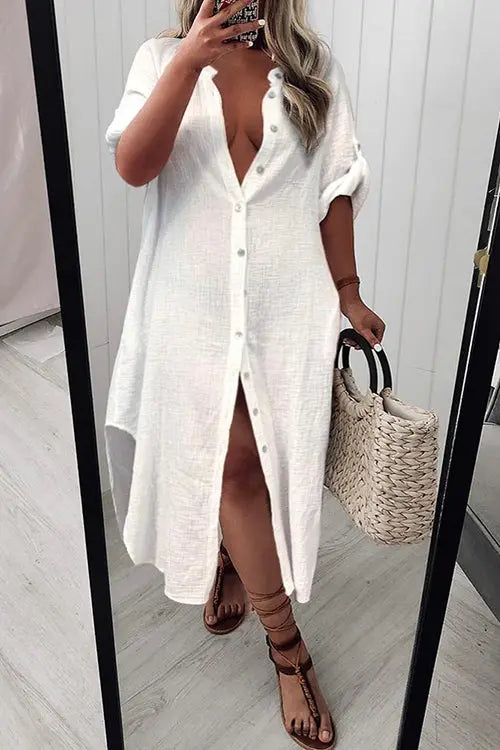 Solid Color Round Neck Button Up Dress - Fashionpara