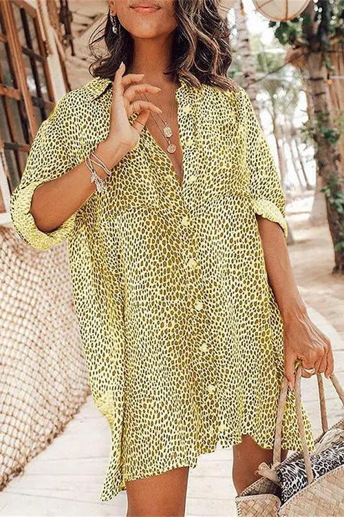 Leopard Button Shirt Mini Dress - Fashionpara