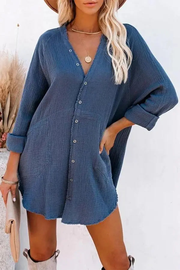 Button Pockets Shirt Mini Dress - Fashionpara