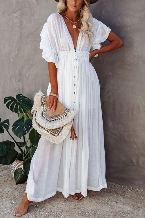 Button Drawstring Waist Bat Maxi Cover Dress  Fashionpara