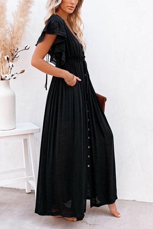 Button Drawstring Waist Bat Maxi Cover Dress  Fashionpara
