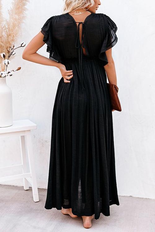 Button Drawstring Waist Bat Maxi Cover Dress - Fashionpara