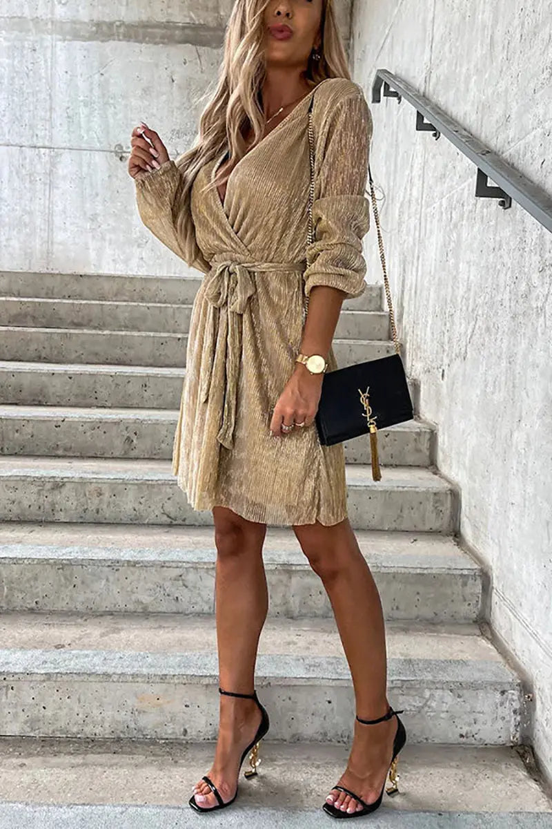 Pleated Long Sleeve Wrap Mini Dress - Fashionpara