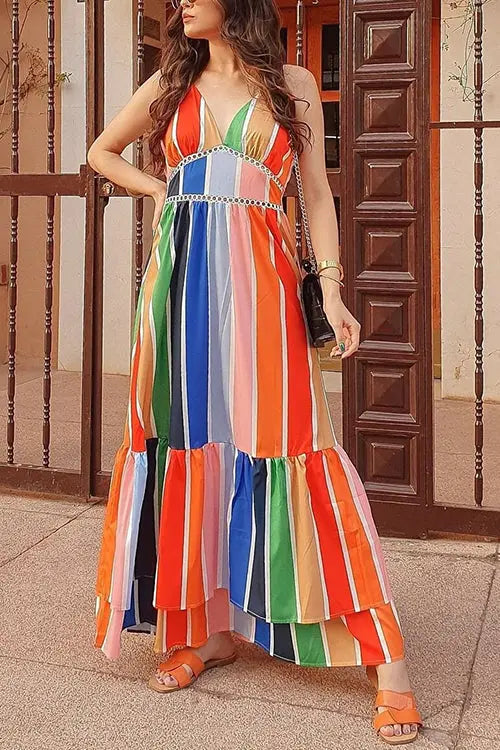 Rainbow Stripe Backless Slip Maxi Dress - Fashionpara