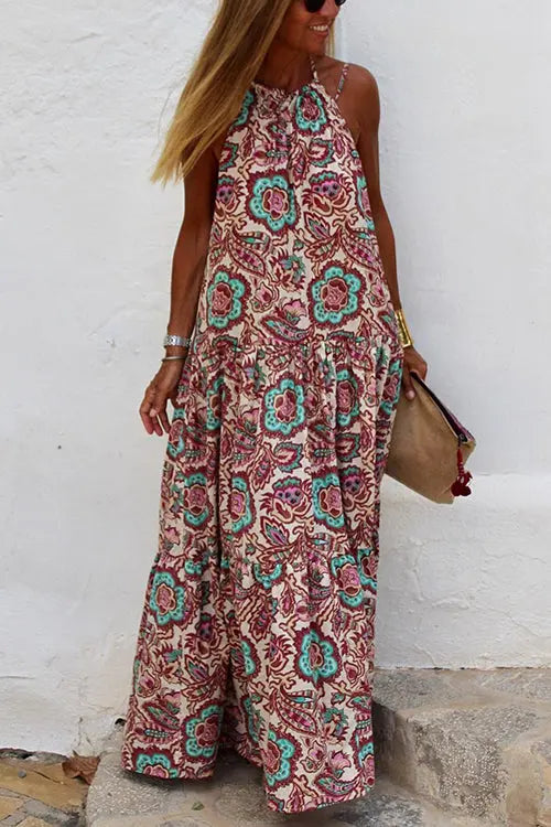 Print Halter Neck Maxi Dress - Fashionpara