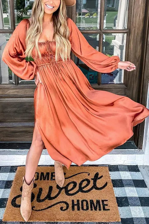 Satin Pocket Drawstring Long Sleeve Midi Dress - Fashionpara