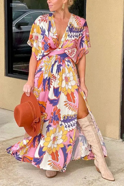 Like Palm Side Slit Bat Maxi Dress - Fashionpara