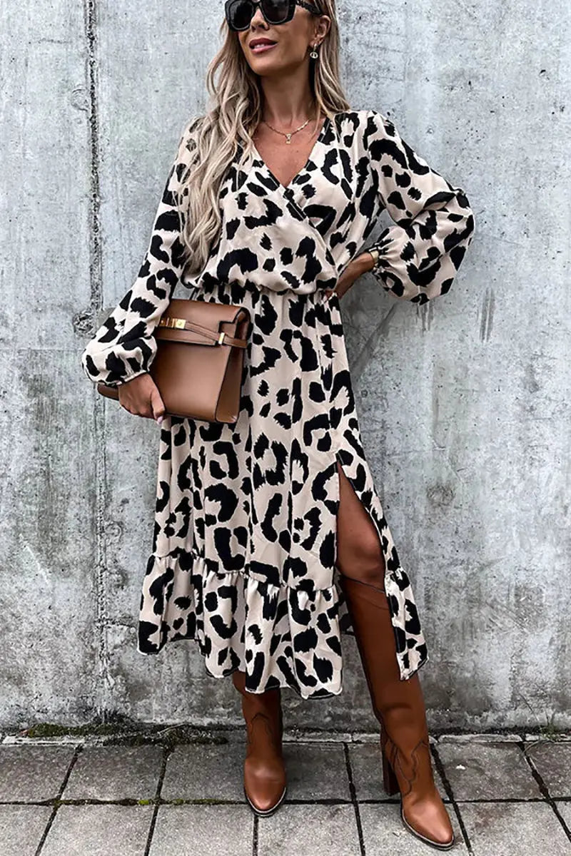Leopard Long Sleeve Slit Midi Dress - Fashionpara