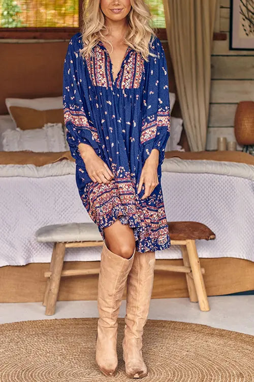 Boho Print Long Sleeve Mini Dress - Fashionpara