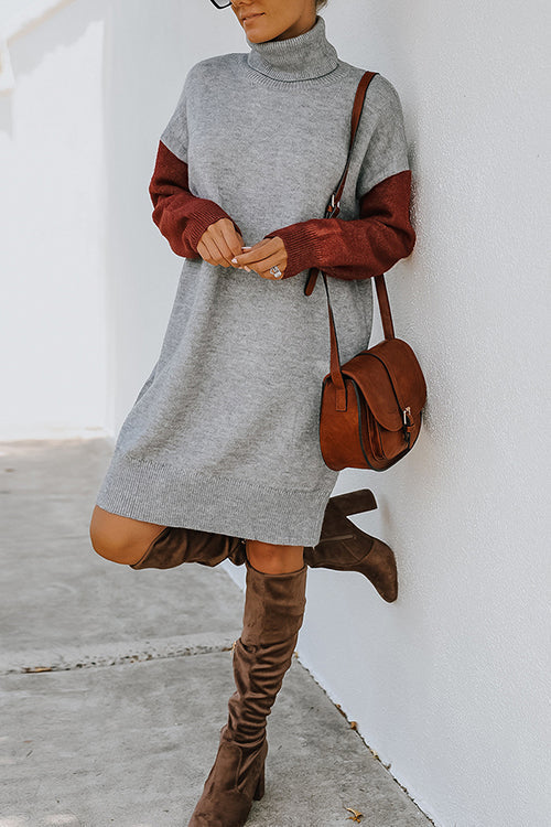 Color Block Turtleneck Sweater Dress - Fashionpara