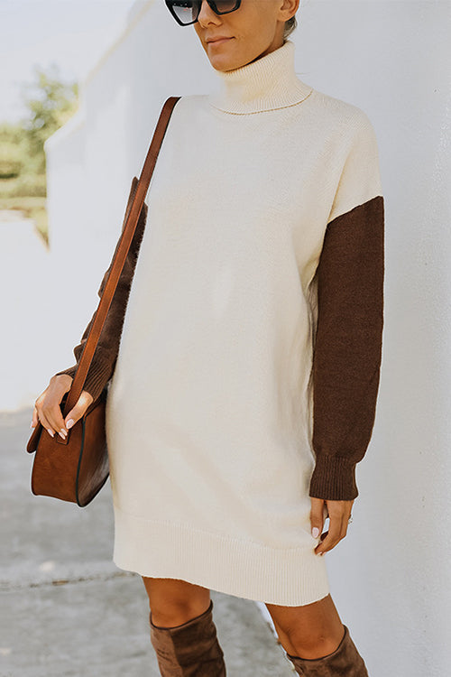 Color Block Turtleneck Sweater Dress - Fashionpara