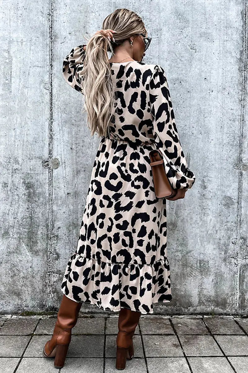 Leopard Long Sleeve Slit Midi Dress - Fashionpara