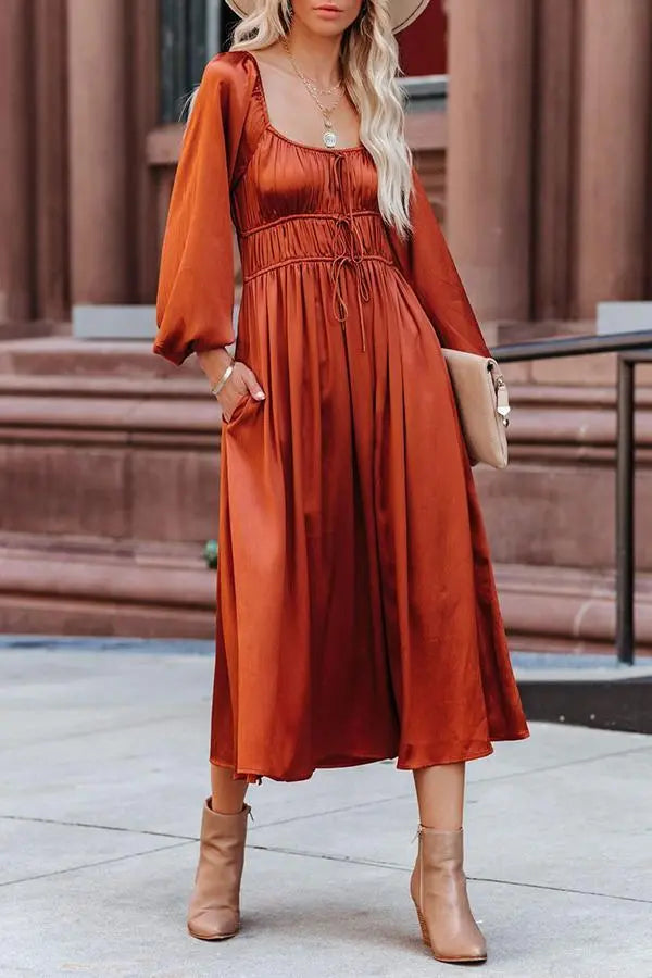 Satin Pocket Drawstring Long Sleeve Midi Dress - Fashionpara