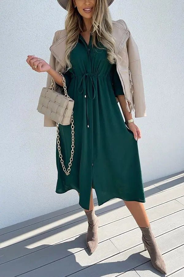 Drawstring Waist Button Midi Dress - Fashionpara