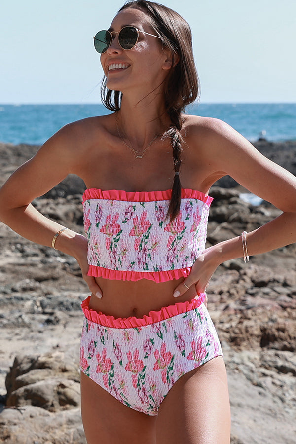 Smocked Stringy Selvedge Floral Print Bikini Set