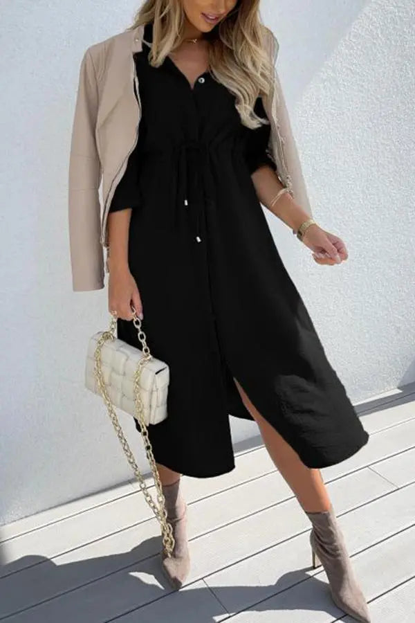 Drawstring Waist Button Midi Dress - Fashionpara
