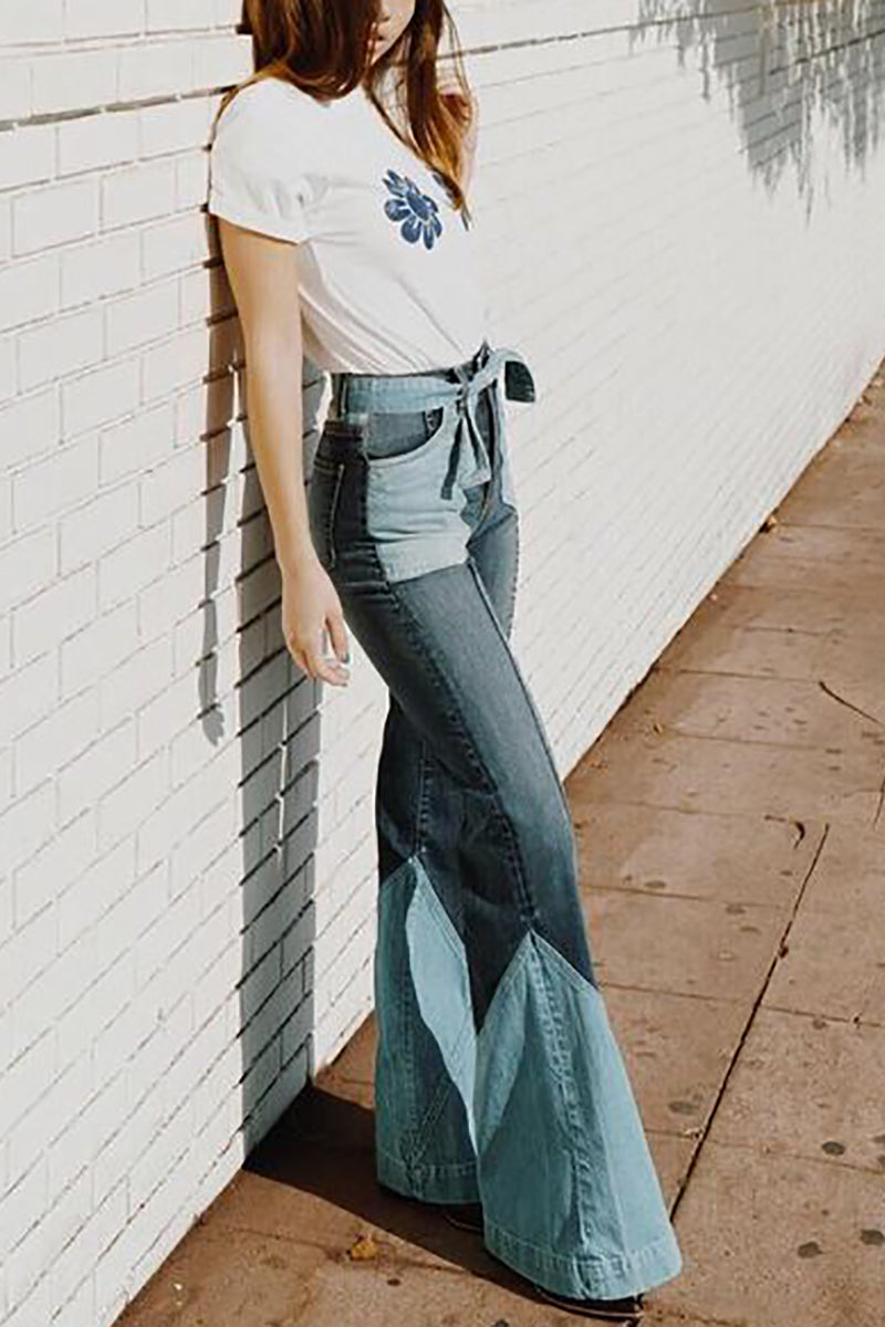 70S Color Block Belted Bell Jeans - Fashiondia