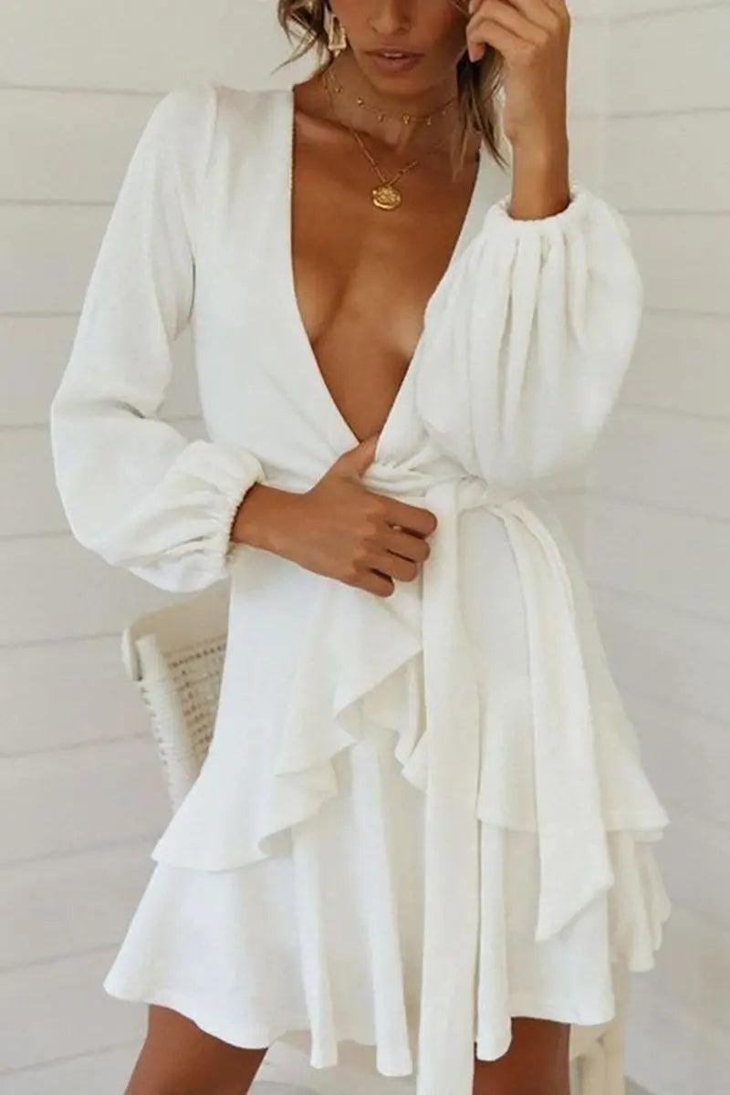 Long Sleeve Ruffle Wrap Knit Dress - Fashionpara