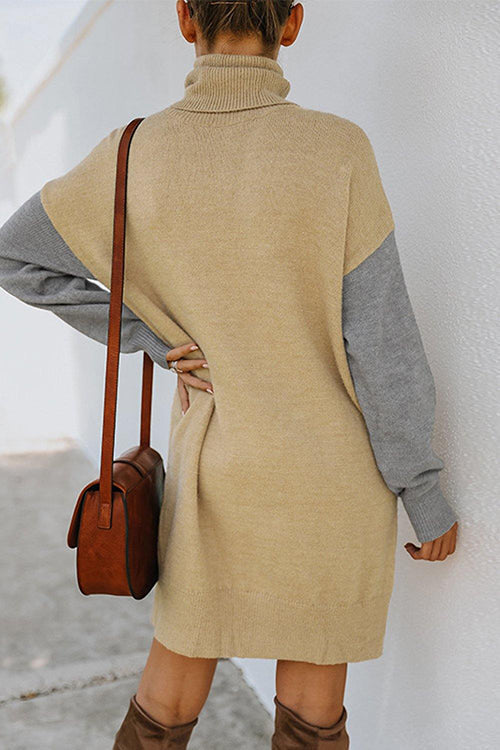 Color Block Turtleneck Sweater Dress - Fashionpara