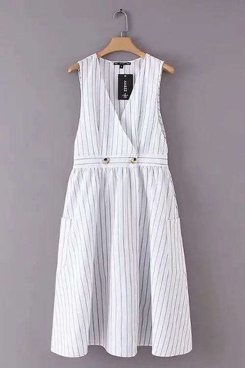 Pockets Button V Neck Midi Desss - Fashionpara