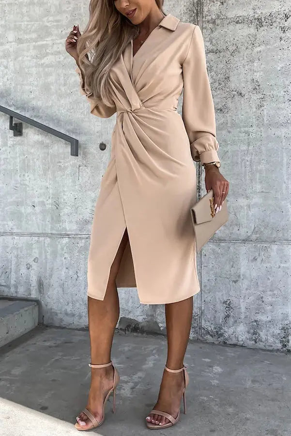Twist V Neck Slit Midi Dress - Fashionpara